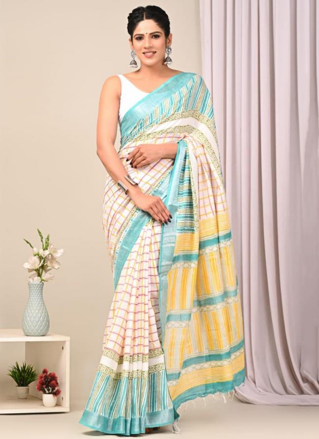 Pure Linen Cotton White Casual Wear Pure Hand Work Saree